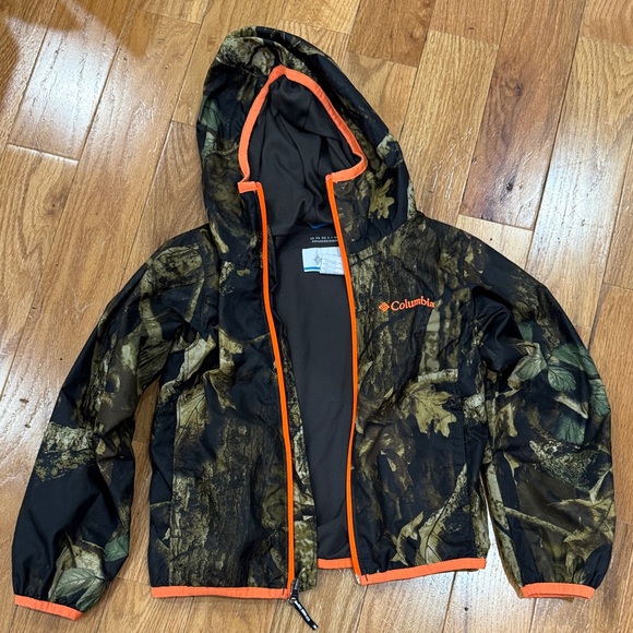 Columbia Woodland Camo Rain Jacket with Bright Orange Accents 4/5 XXS - Picture 1 of 6